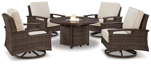 Paradise Trail Paradise Trail Fire Pit Table with 4 Nuvella Swivel Lounge Chairs - Affordable Home Luxury